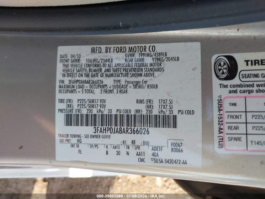 2010 Ford Fusion Sel VIN: 3FAHP0JA8AR366026 Lot: 39803569