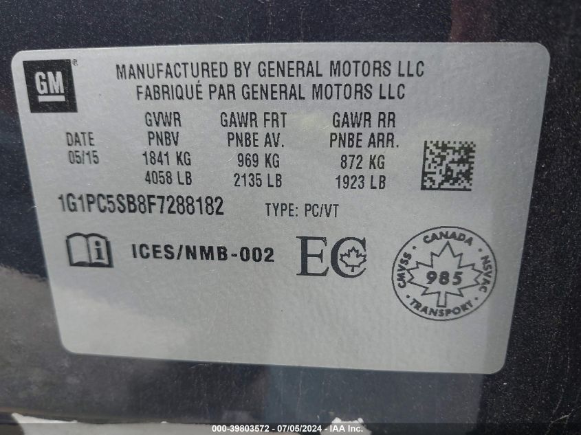 2015 Chevrolet Cruze 1Lt Auto VIN: 1G1PC5SB8F7288182 Lot: 39803572