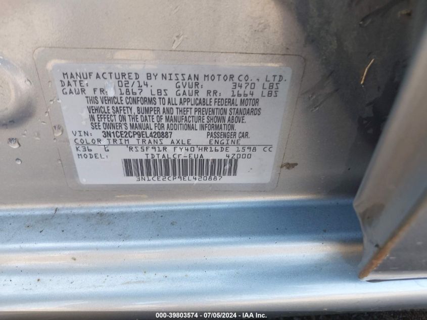 2014 Nissan Versa Note S (Sr) VIN: 3N1CE2CP9EL420887 Lot: 39803574