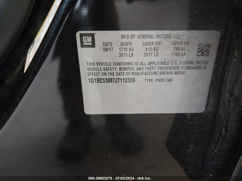 2018 Chevrolet Cruze Ls Auto VIN: 1G1BC5SM7J7112339 Lot: 39803578