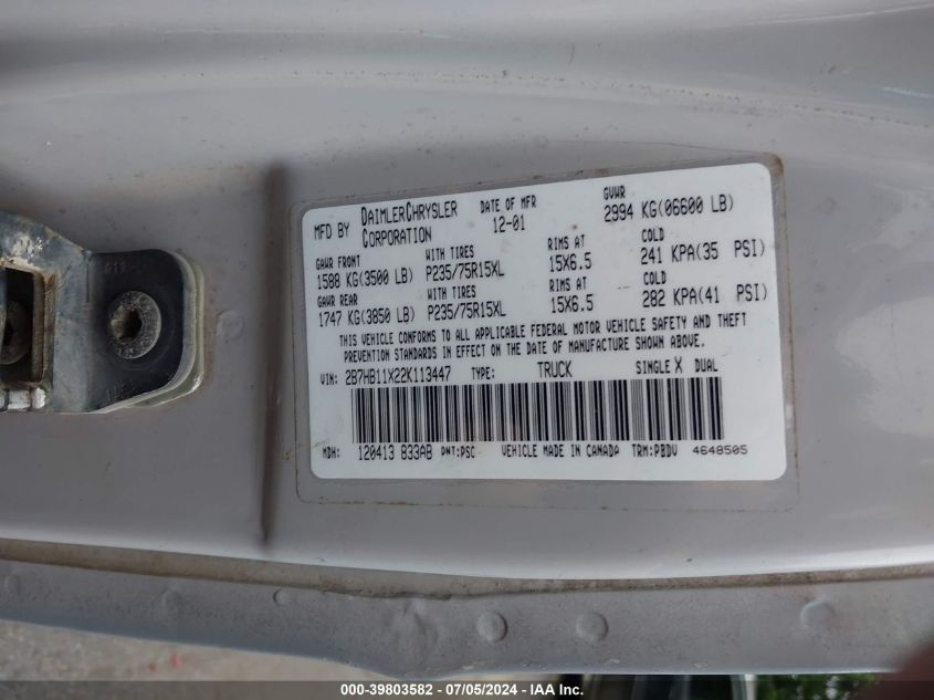 2002 Dodge Ram Van 1500 Conversion VIN: 2B7HB11X22K113447 Lot: 39803582