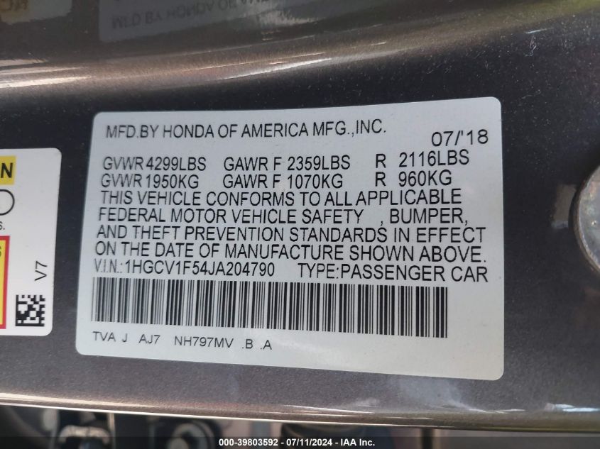 1HGCV1F54JA204790 2018 Honda Accord Ex-L