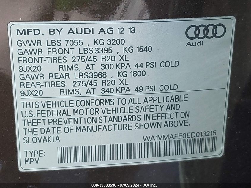 2014 Audi Q7 3.0 Tdi Premium VIN: WA1VMAFE0ED013215 Lot: 39803596