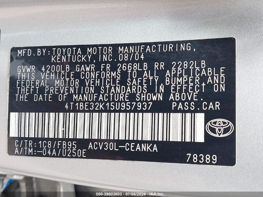 2005 Toyota Camry Le/Xle/Se VIN: 4T1BE32K15U957937 Lot: 39803603