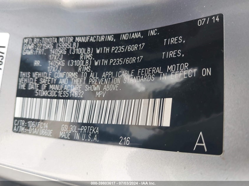 2014 Toyota Sienna Le V6 8 Passenger VIN: 5TDKK3DC1ES514632 Lot: 39803617