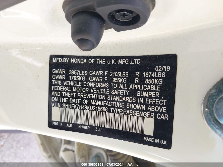 2019 Honda Civic Sport VIN: SHHFK7H49KU218686 Lot: 39803629