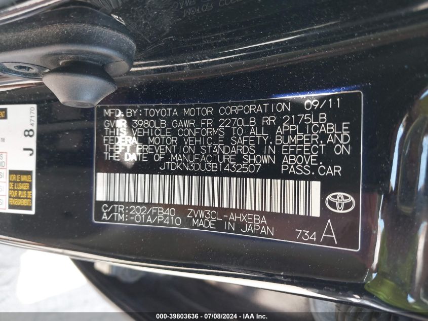 2011 Toyota Prius VIN: JTDKN3DU3B1432507 Lot: 39803636