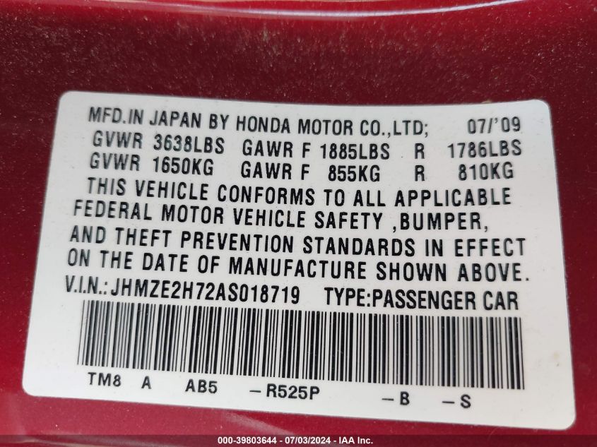 2010 Honda Insight Ex VIN: JHMZE2H72AS018719 Lot: 39803644