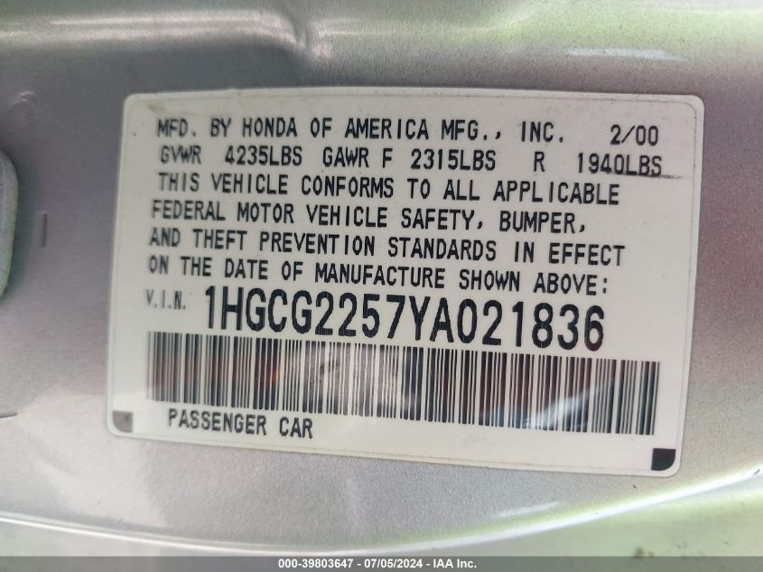 2000 Honda Accord 3.0 Ex VIN: 1HGCG2257YA021836 Lot: 39803647