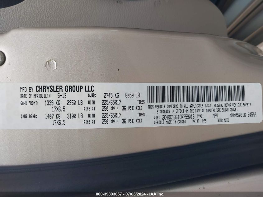 2013 CHRYSLER TOWN & COUNTRY TOURING - 2C4RC1BG1DR759010