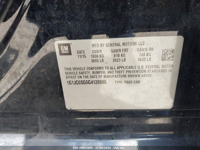 2016 Chevrolet Sonic Lt Auto VIN: 1G1JC6SG6G412XA00 Lot: 39803685