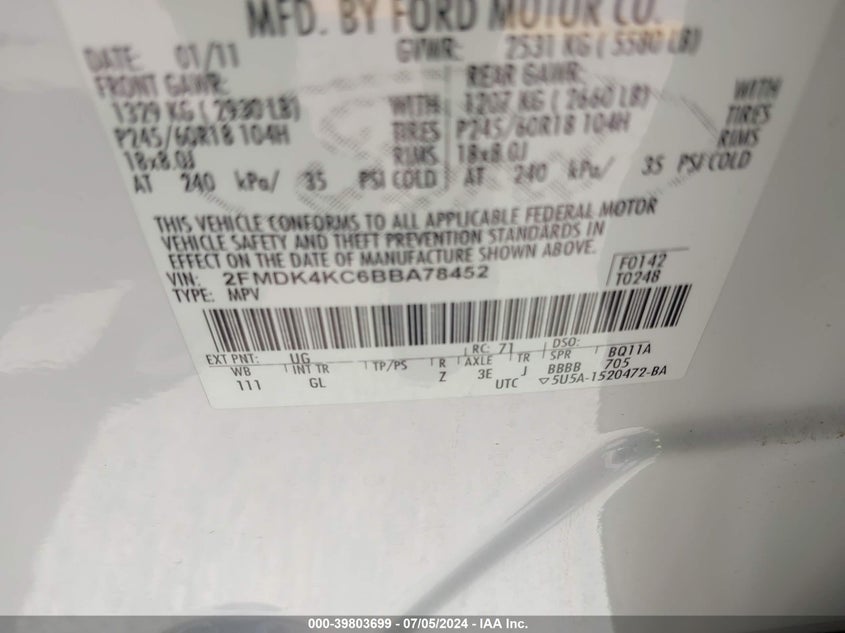 2011 Ford Edge Limited VIN: 2FMDK4KC6BBA78452 Lot: 39803699