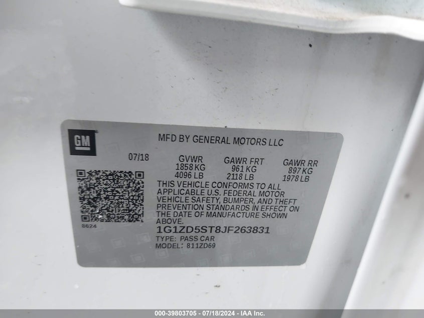 2018 Chevrolet Malibu Lt VIN: 1G1ZD5ST8JF263831 Lot: 39803705