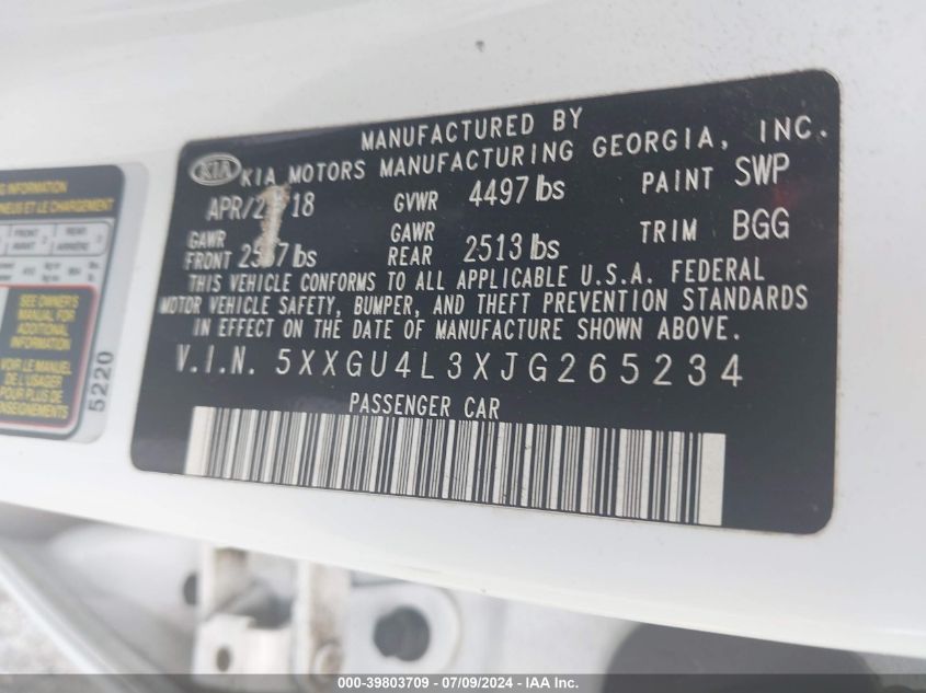 2018 Kia Optima Ex VIN: 5XXGU4L3XJG265234 Lot: 39803709