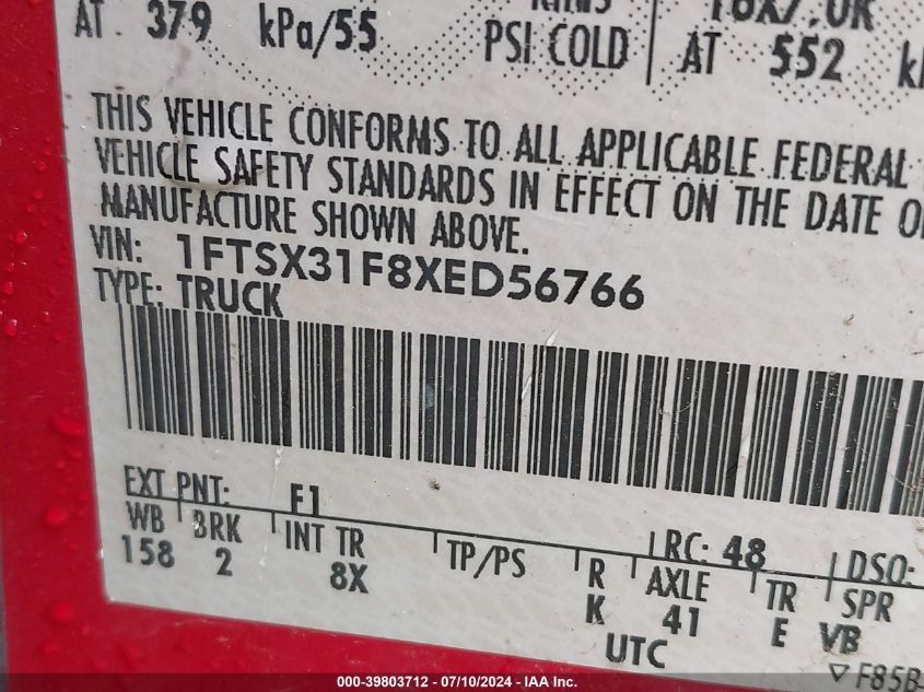 1999 Ford F-350 Srw Super Duty VIN: 1FTSX31F8XED56766 Lot: 39803712