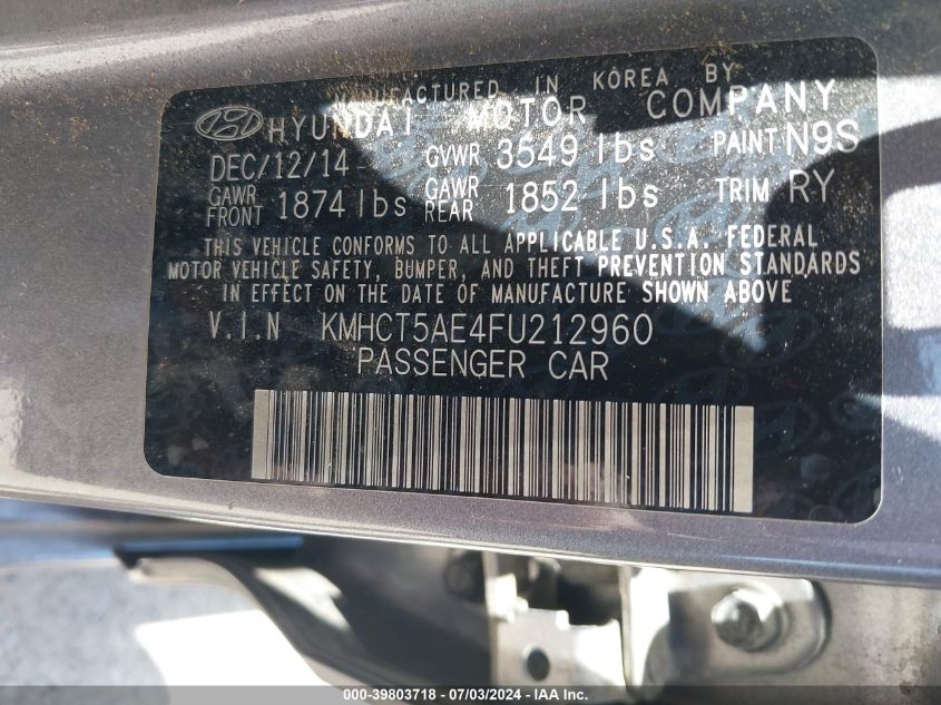 2015 Hyundai Accent Gs VIN: KMHCT5AE4FU212960 Lot: 39803718