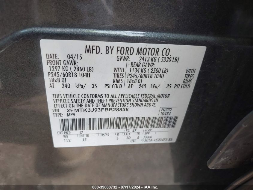 2015 Ford Edge Sel VIN: 2FMTK3J93FBB28838 Lot: 39803732