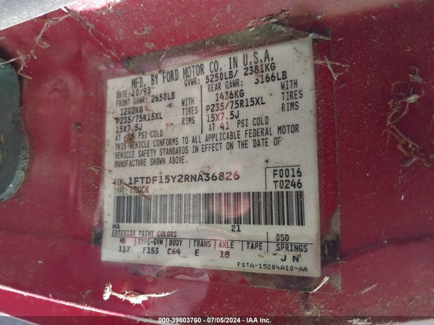 1994 Ford F150 VIN: 1FTDF15Y2RNA36826 Lot: 39803760