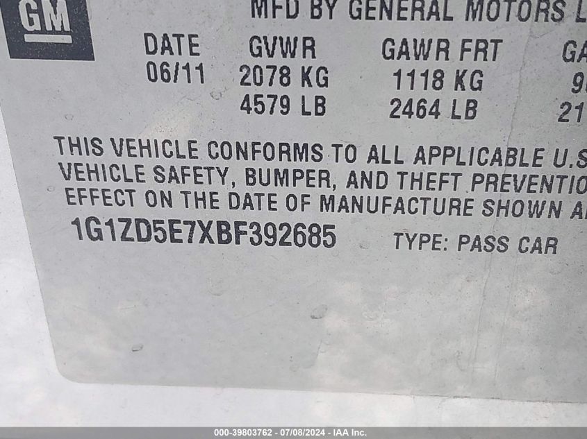 2011 Chevrolet Malibu 2Lt VIN: 1G1ZD5E7XBF392685 Lot: 39803762