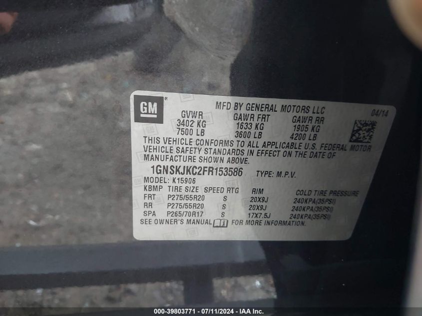 2015 Chevrolet Suburban 1500 Lt VIN: 1GNSKJKC2FR153586 Lot: 39803771