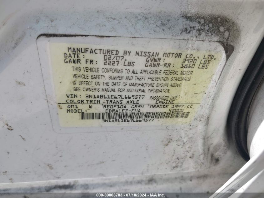 2007 Nissan Sentra 2.0S VIN: 3N1AB61E67L669577 Lot: 39803783