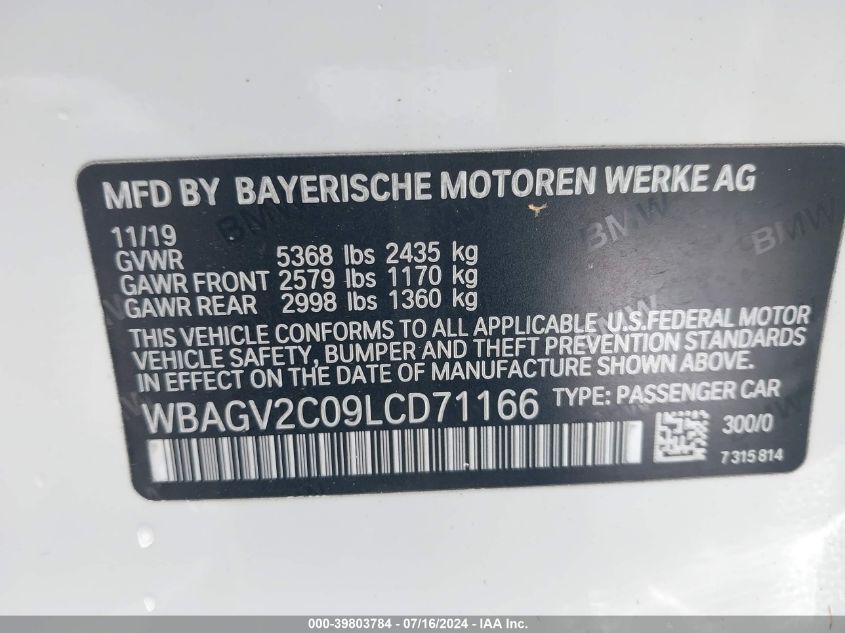 2020 BMW 840I Gran Coupe VIN: WBAGV2C09LCD71166 Lot: 39803784