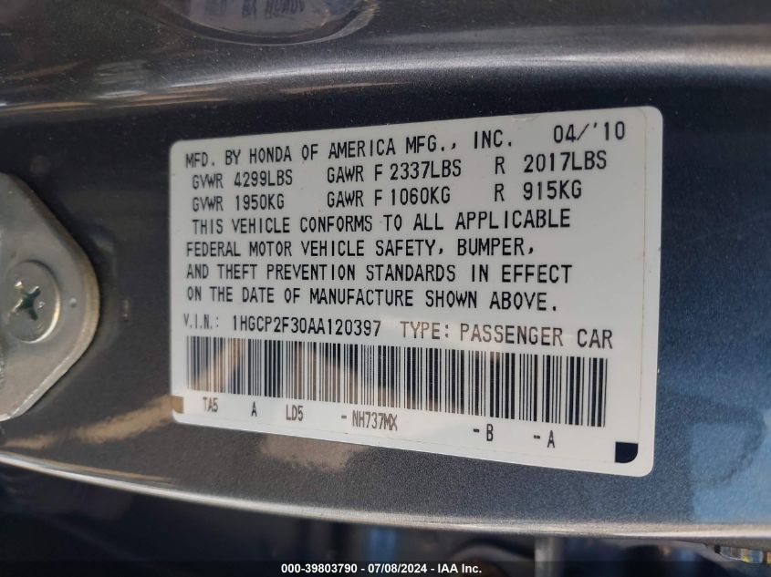2010 Honda Accord Lx VIN: 1HGCP2F30AA120397 Lot: 39803790