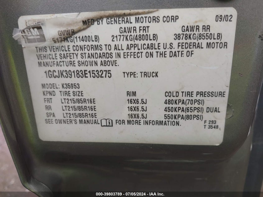 2003 Chevrolet Silverado 3500 Ls VIN: 1GCJK39183E153275 Lot: 39803789