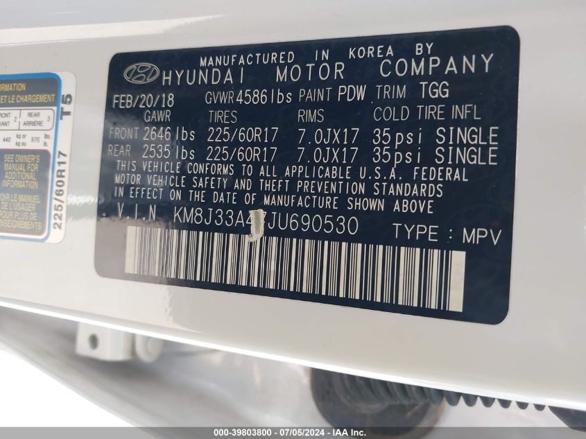 2018 Hyundai Tucson Sel VIN: KM8J33A47JU690530 Lot: 39803800