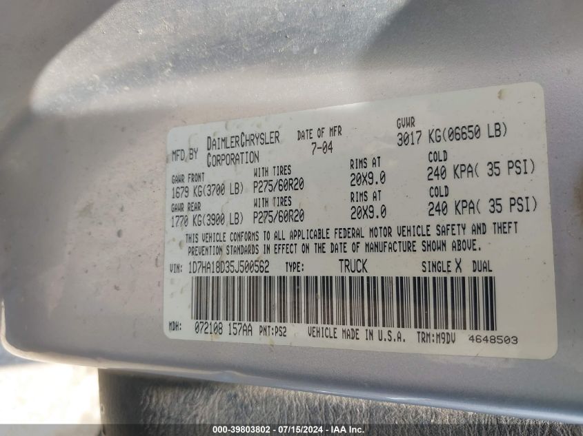 2005 Dodge Ram 1500 Slt/Laramie VIN: 1D7HA18D35J500562 Lot: 39803802