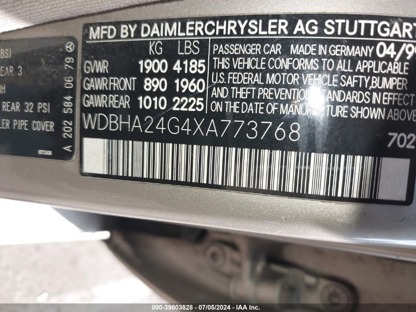 1999 Mercedes-Benz C 230 Kompressor VIN: WDBHA24G4XA773768 Lot: 39803828