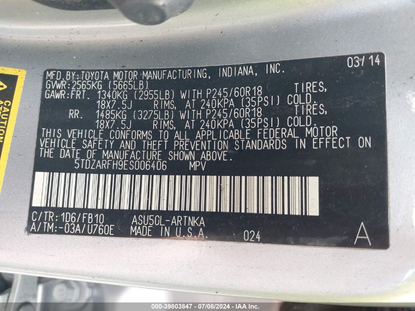 2014 Toyota Highlander Le VIN: 5TDZARFH9ES006406 Lot: 39803847