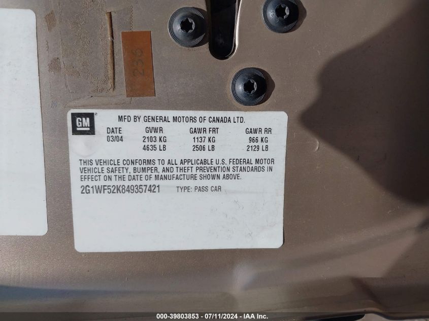 2004 Chevrolet Impala Police VIN: 2G1WF52K849357421 Lot: 39803853