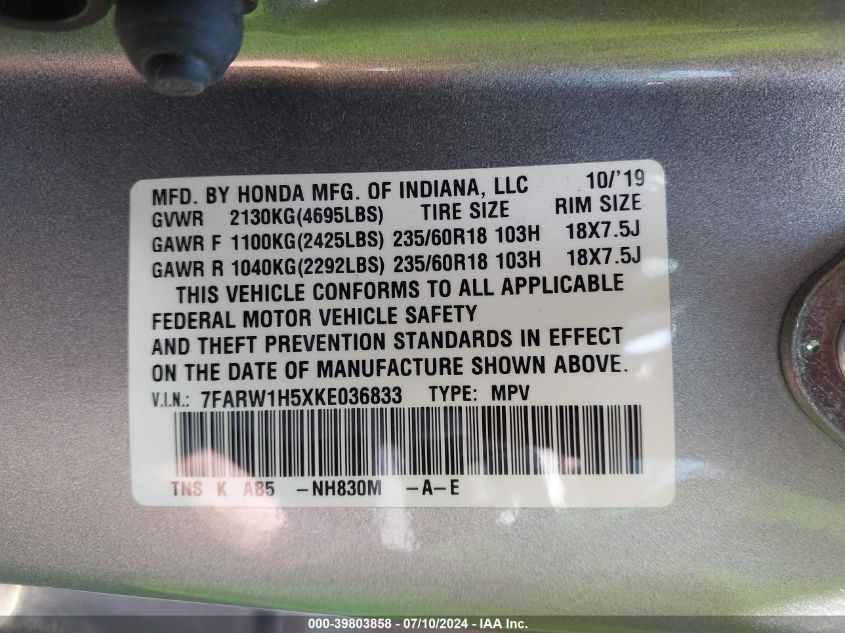 2019 Honda Cr-V Ex VIN: 7FARW1H5XKE036833 Lot: 39803858