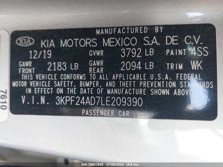 2020 Kia Forte Lxs VIN: 3KPF24AD7LE209390 Lot: 39803865