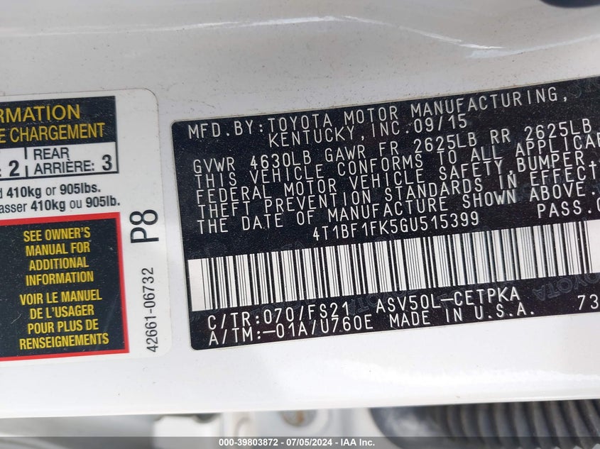 2016 TOYOTA CAMRY LE/XLE/SE/XSE - 4T1BF1FK5GU515399