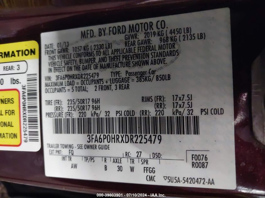 2013 Ford Fusion Se VIN: 3FA6P0HRXDR225479 Lot: 39803901