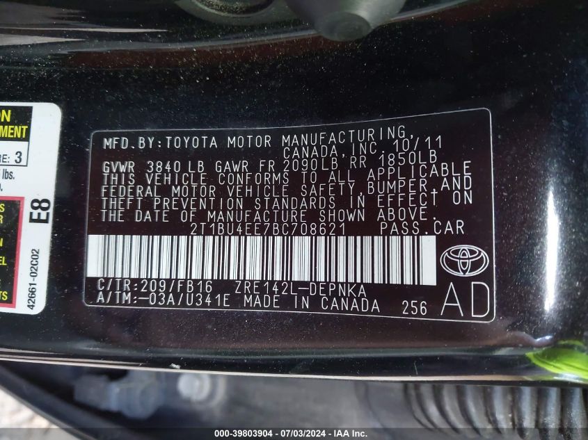 2011 Toyota Corolla Le VIN: 2T1BU4EE7BC708621 Lot: 39803904