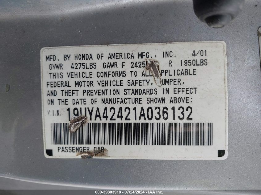 2001 Acura Cl 3.2 VIN: 19UYA42421A036132 Lot: 39803918