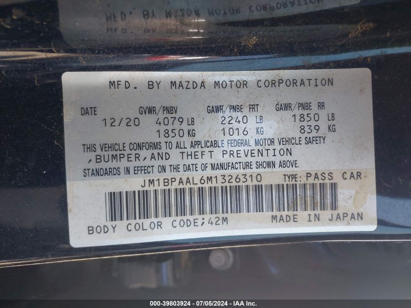 2021 Mazda Mazda3 2.5 S VIN: JM1BPAAL6M1326310 Lot: 39803924