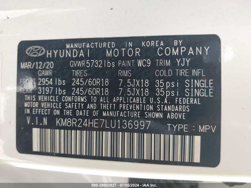 2020 Hyundai Palisade Sel VIN: KM8R24HE7LU136997 Lot: 39803927