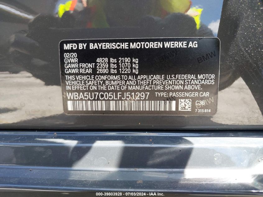2020 BMW 3 Series M340I VIN: WBA5U7C05LFJ51297 Lot: 39803928