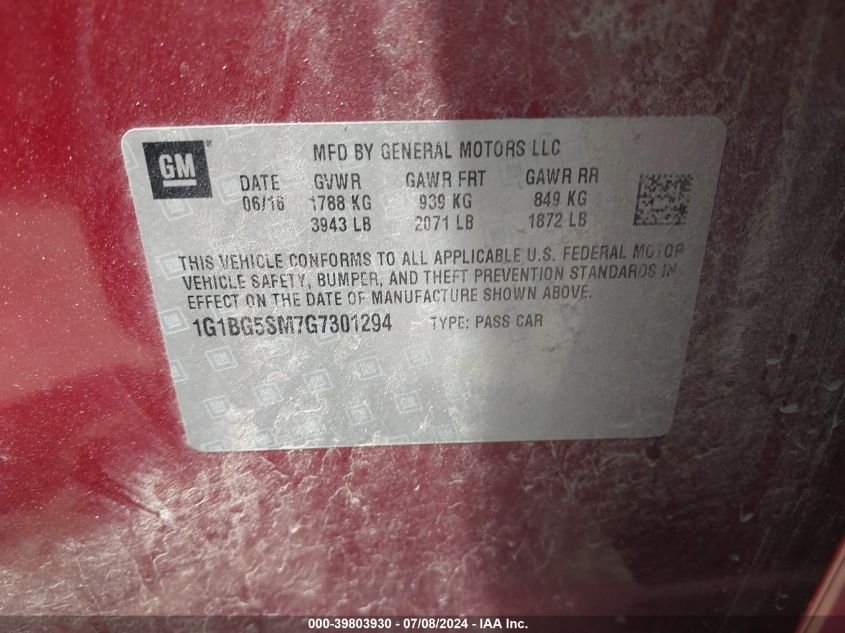 2016 Chevrolet Cruze Premier Auto VIN: 1G1BG5SM7G7301294 Lot: 39803930