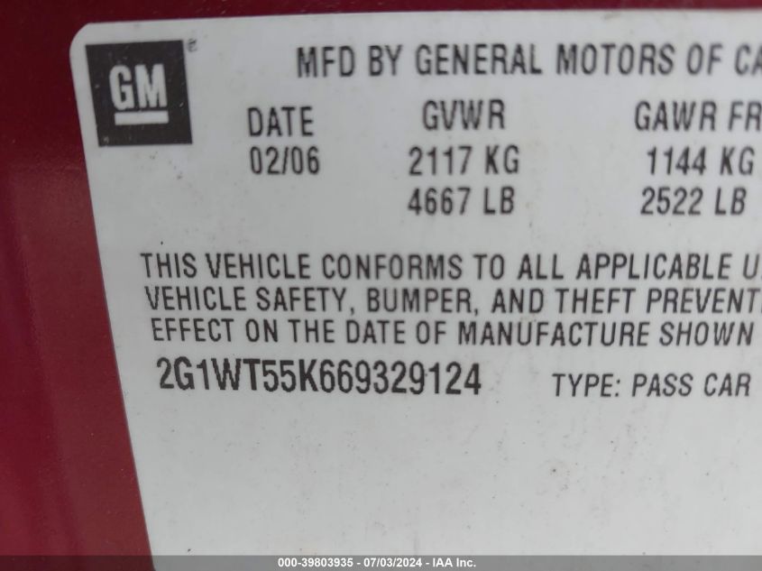 2006 Chevrolet Impala Lt VIN: 2G1WT55K669329124 Lot: 39803935