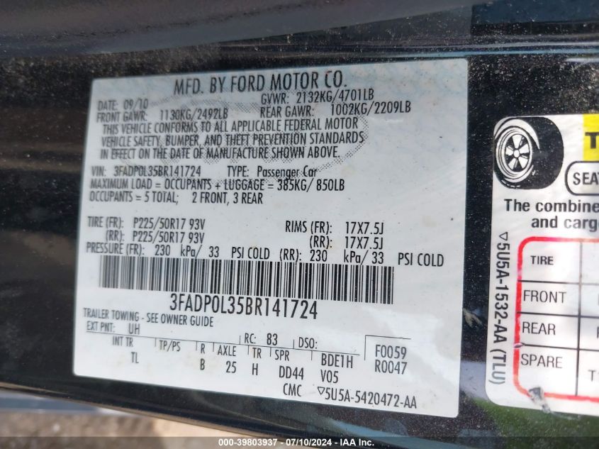 2011 Ford Fusion Hybrid VIN: 3FADP0L35BR141724 Lot: 39803937