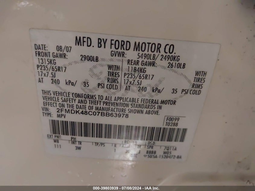 2007 Ford Edge Sel VIN: 2FMDK48C07BB63978 Lot: 39803939