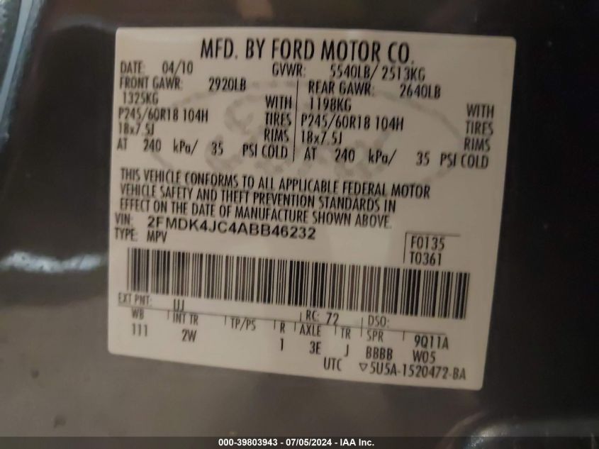 2010 Ford Edge Sel VIN: 2FMDK4JC4ABB46232 Lot: 39803943