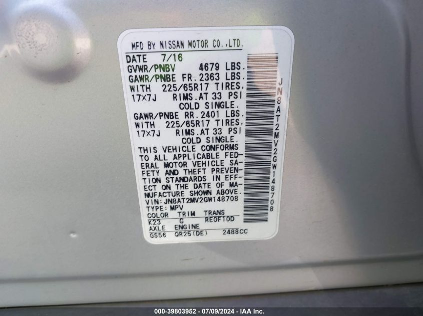 2016 Nissan Rogue S/Sl/Sv VIN: JN8AT2MV2GW148708 Lot: 39803952