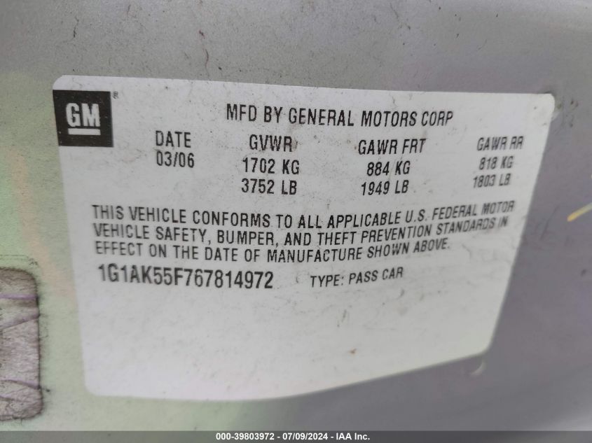 2006 Chevrolet Cobalt Ls VIN: 1G1AK55F767814972 Lot: 39803972