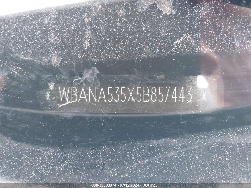 2005 BMW 525I VIN: WBANA535X5B857443 Lot: 39803974